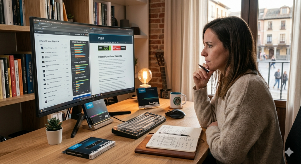 Persona concentrada frente al ordenador en un escritorio moderno y ordenado, analizando precios de componentes de PC.