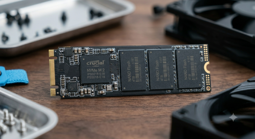 Primer plano macro de un disco duro sólido SSD NVMe M.2 con los chips de memoria NAND Flash expuestos